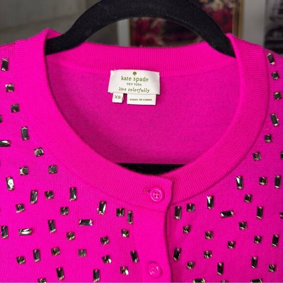 Kate Spade XS Hot Pink Wool Cardigan with Rhinestone Studs - Picture 4 of 7